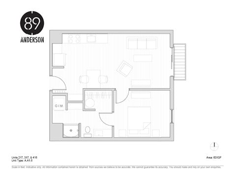 Floor plan for 1 bed, 1 bath, 631 sqft
